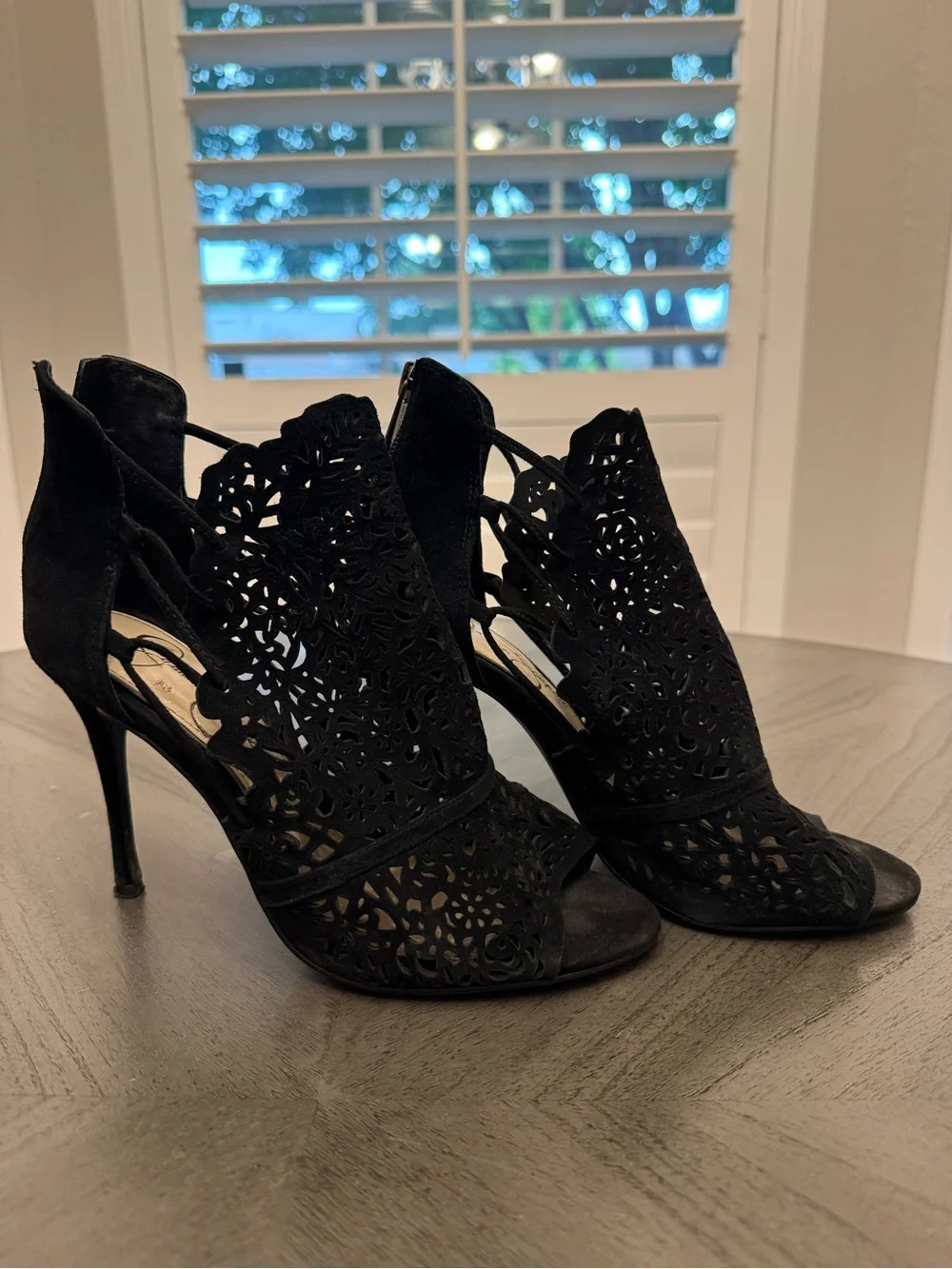 Black Laser-Cut High Heel Sandals - Size 7